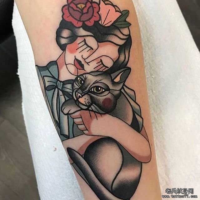色彩女郎猫纹身图案