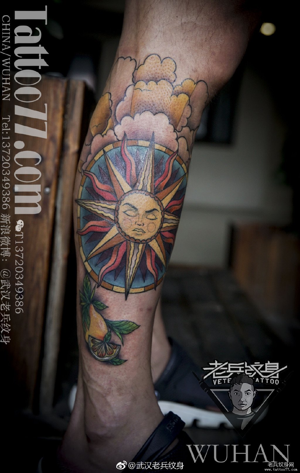小腿school风格彩色太阳图腾纹身图案