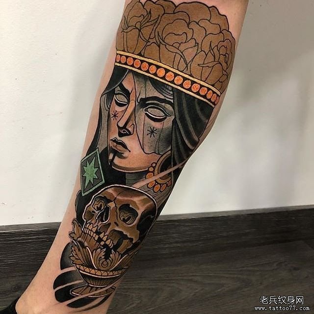 色彩女郎骷髅纹身图案