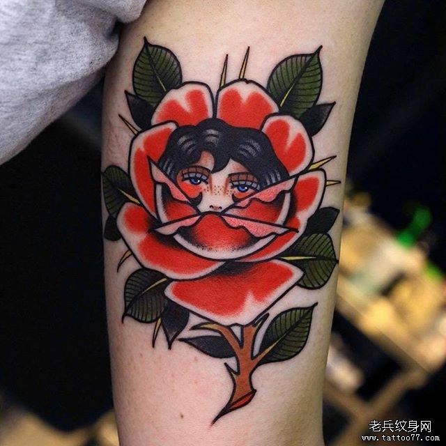 色彩玫瑰女孩纹身图案