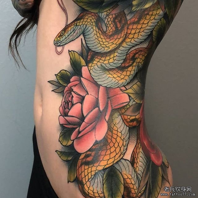 色彩蛇玫瑰侧腰纹身