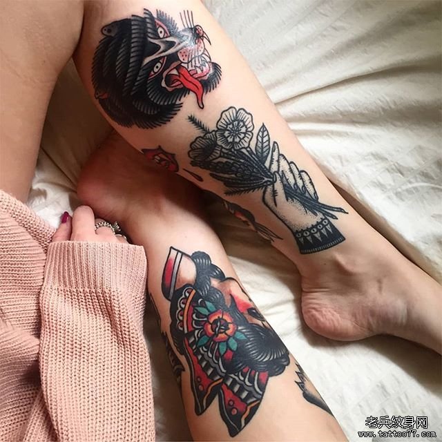 色彩school狼女孩纹身图案