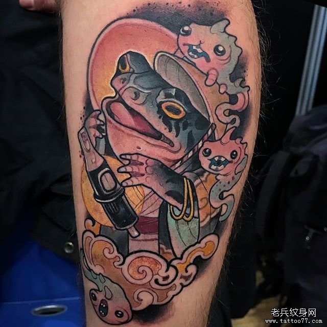 腿部个性彩色青蛙纹身图案