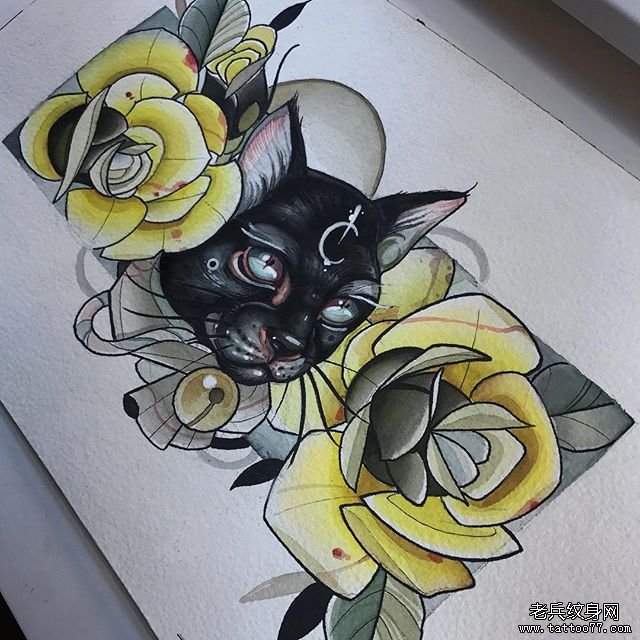个性school猫花纹身手稿