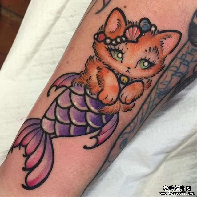 色彩人鱼猫咪纹身图案