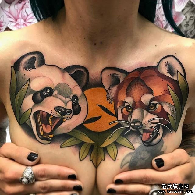 胸部school狐狸熊猫纹身图案