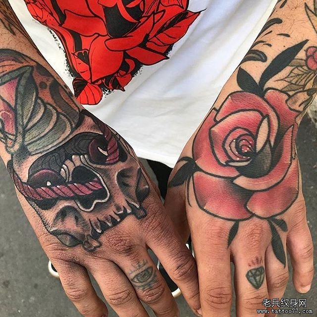 手背骷髅玫瑰纹身图案