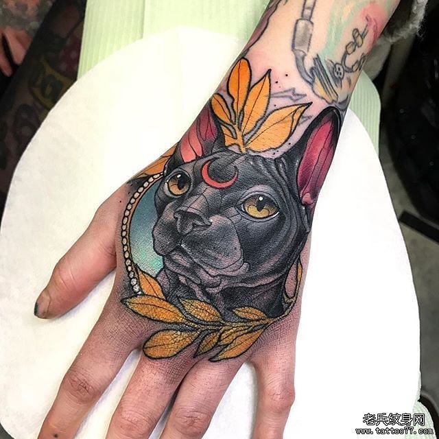 手背school猫咪纹身图案