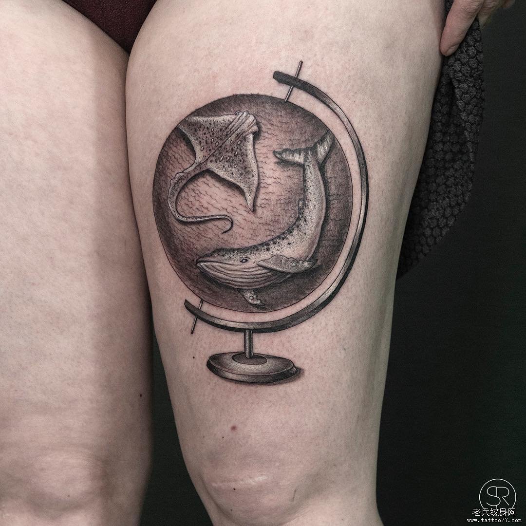 大腿地球仪鲸鱼纹身图案