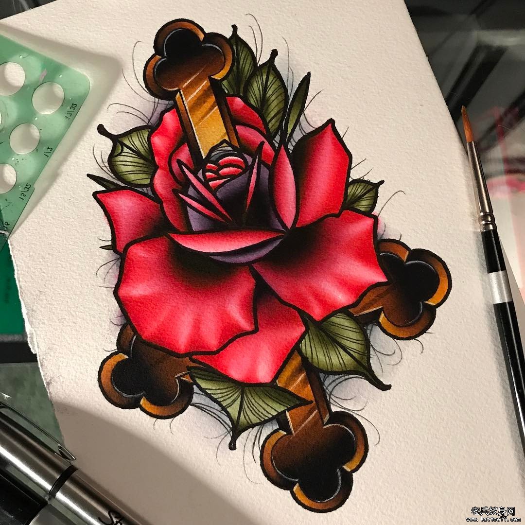 彩色花个性纹身手稿