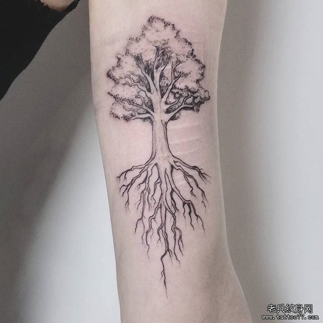 黑灰小臂树木纹身