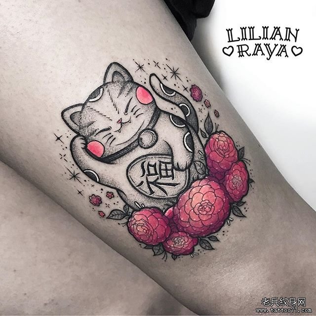 彩色个性招财猫纹身图案