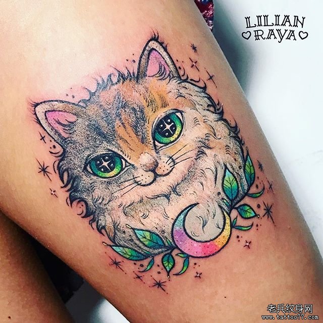 个性彩色猫纹身图案