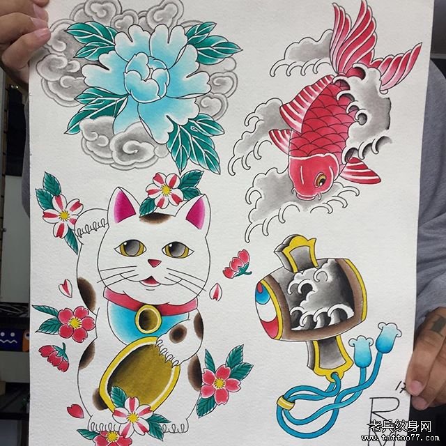 日式色彩招财猫纹身