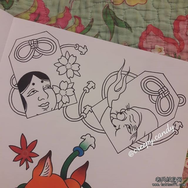 日式线条多福火男纹身
