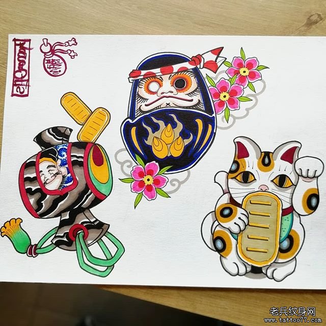 日式色彩达摩招财猫纹身