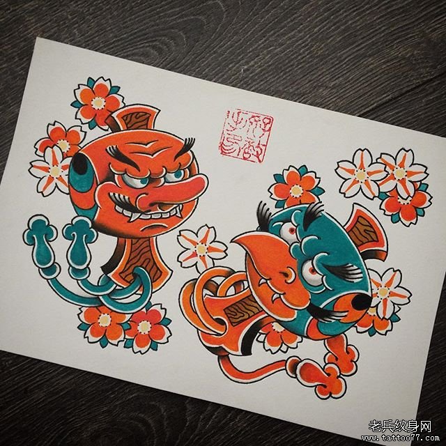 色彩日式天狗福锤纹身