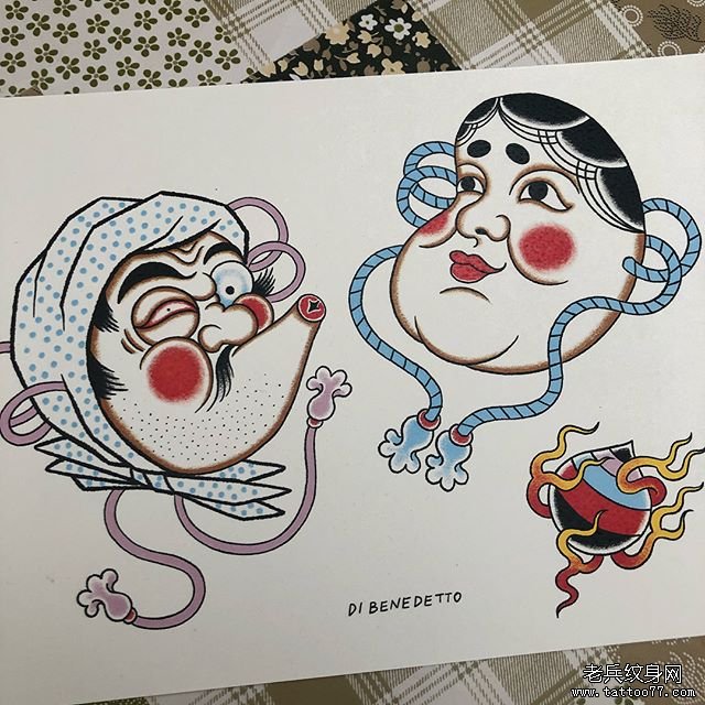 色彩多福火男纹身