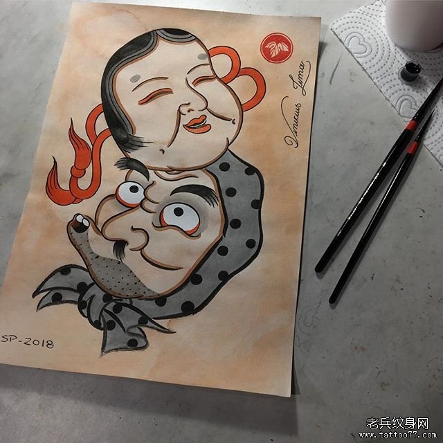 日式色彩多福火男纹身