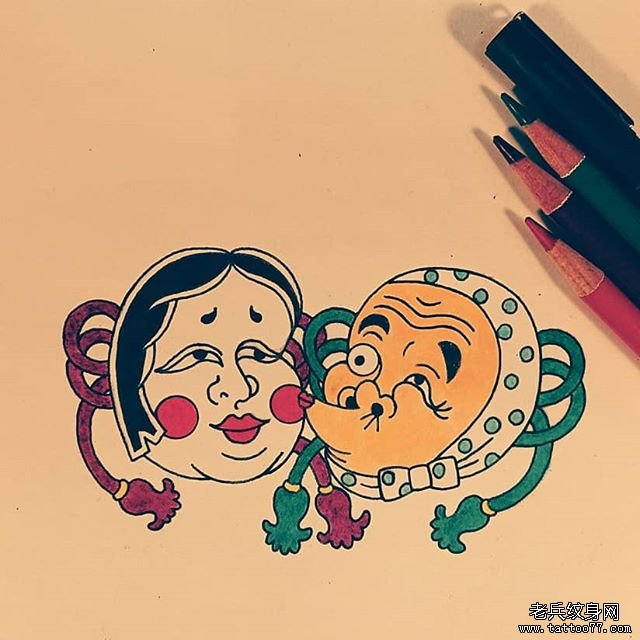 色彩多福火男纹身