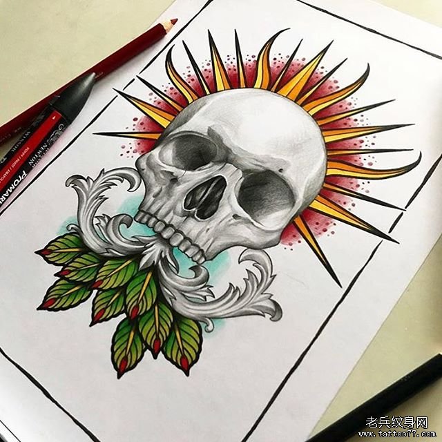 色彩骷髅树叶纹身