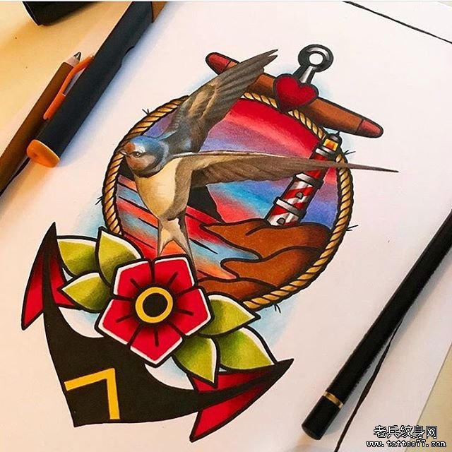 色彩船锚燕子五瓣花夕阳纹身
