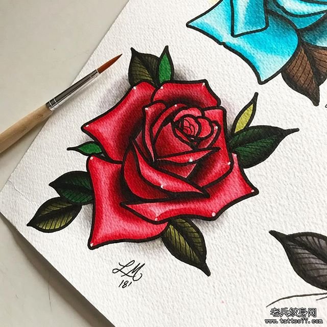 色彩玫瑰纹身手稿