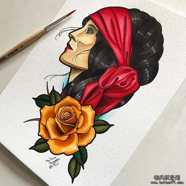 色彩女郎玫瑰纹身手稿