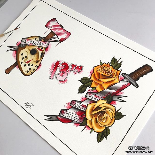 色彩玫瑰匕首斧头面具纹身手稿