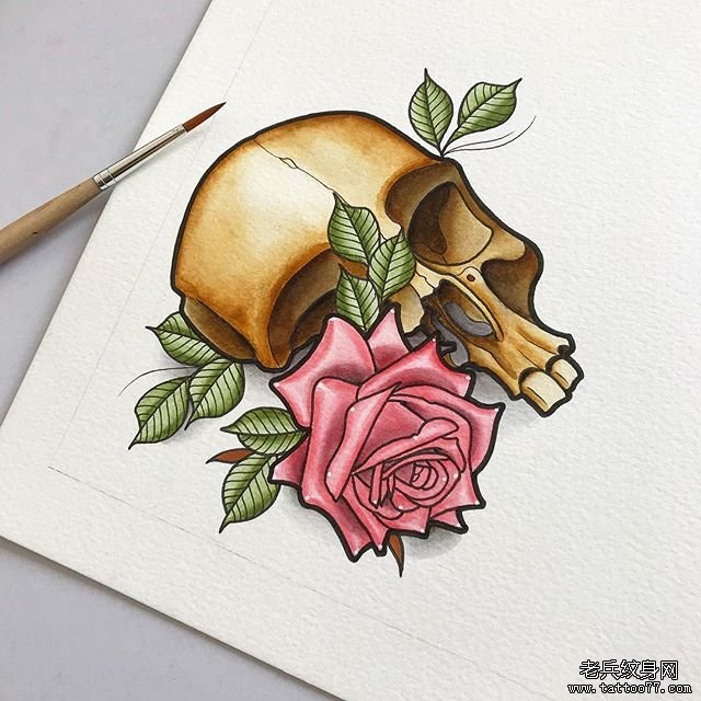 色彩骷髅玫瑰纹身
