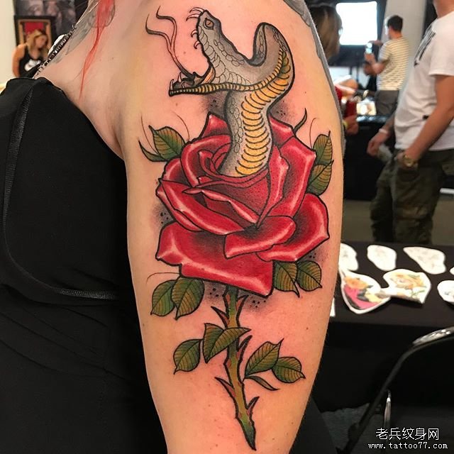 色彩玫瑰蛇纹身