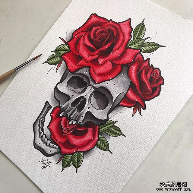 色彩玫瑰骷髅纹身