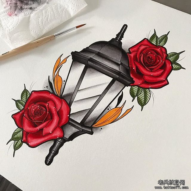色彩玫瑰油灯纹身手稿