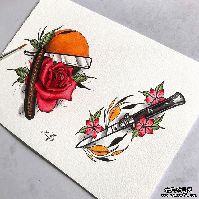 色彩匕首樱花橙子纹身手稿