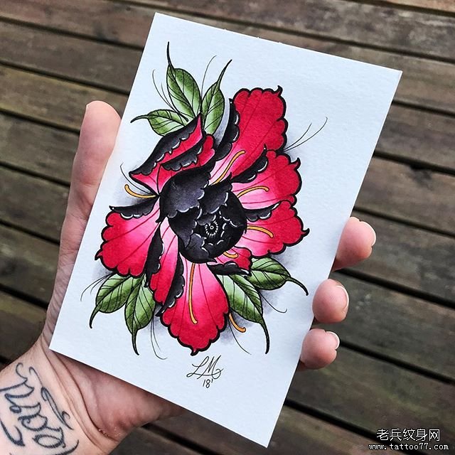 色彩牡丹纹身手稿
