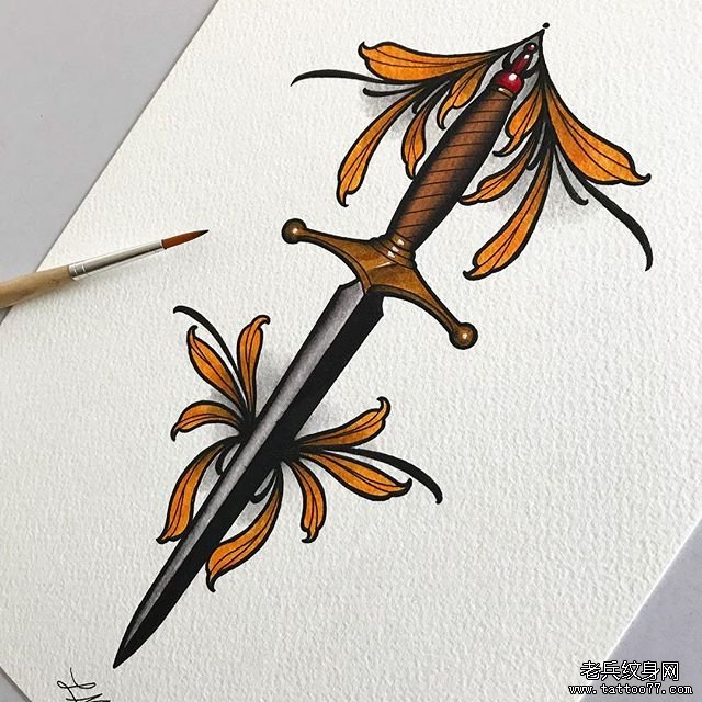 色彩匕首树叶纹身手稿