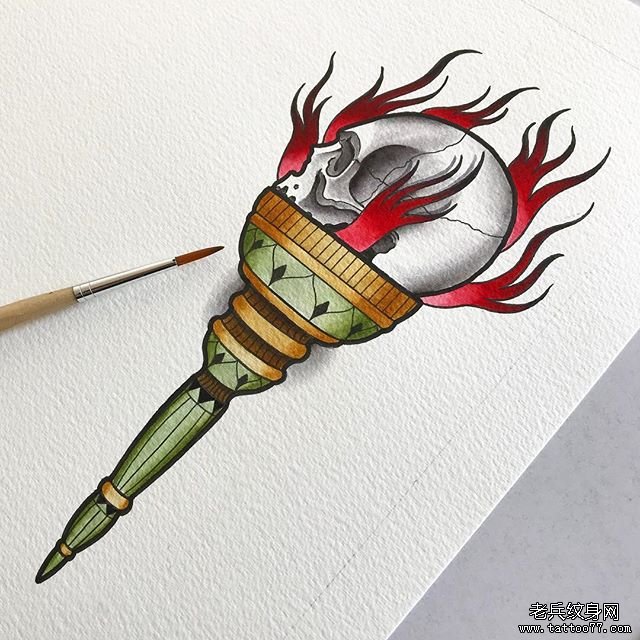 色彩火炬骷髅纹身手稿