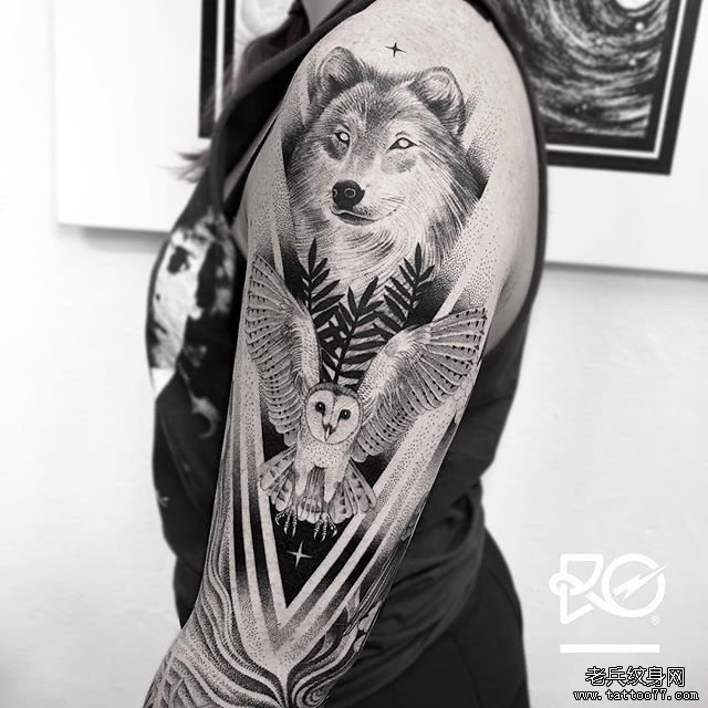 大臂点刺几何狼头猫头鹰纹身图案