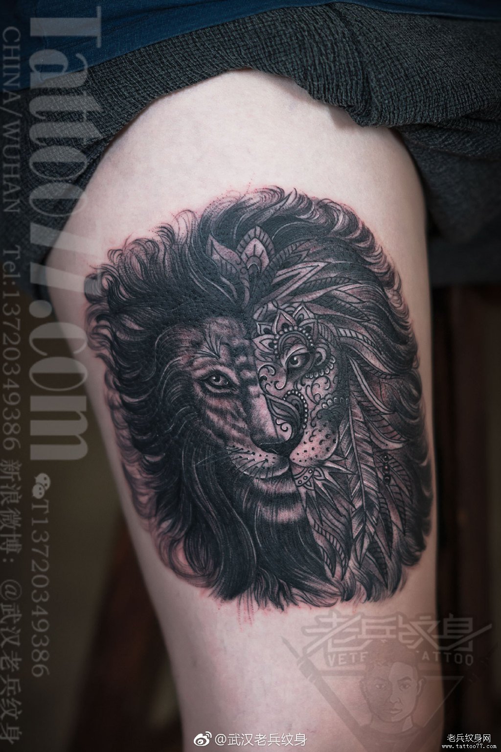 大腿写实狮子纹身