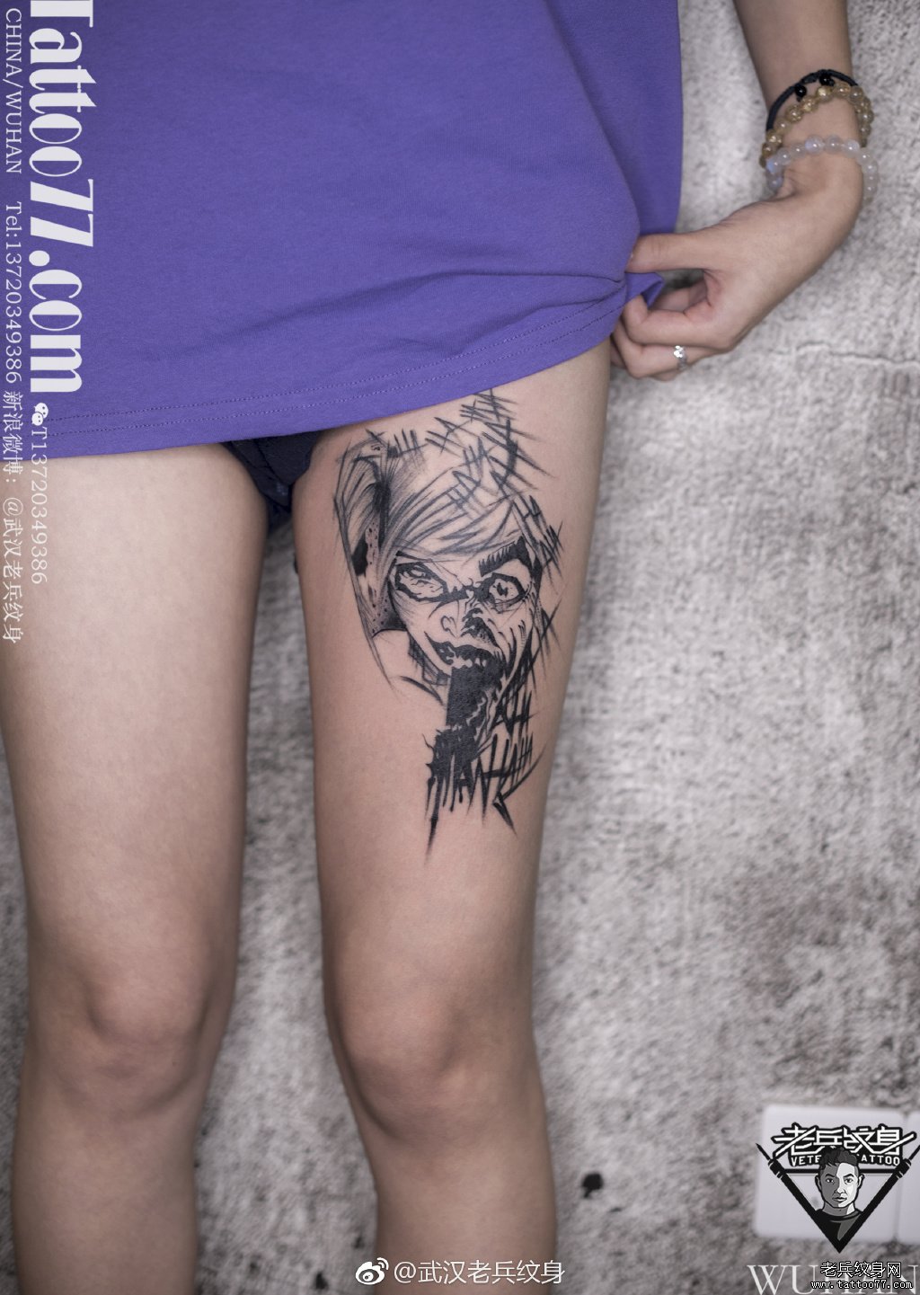 大腿线条肖像纹身图案