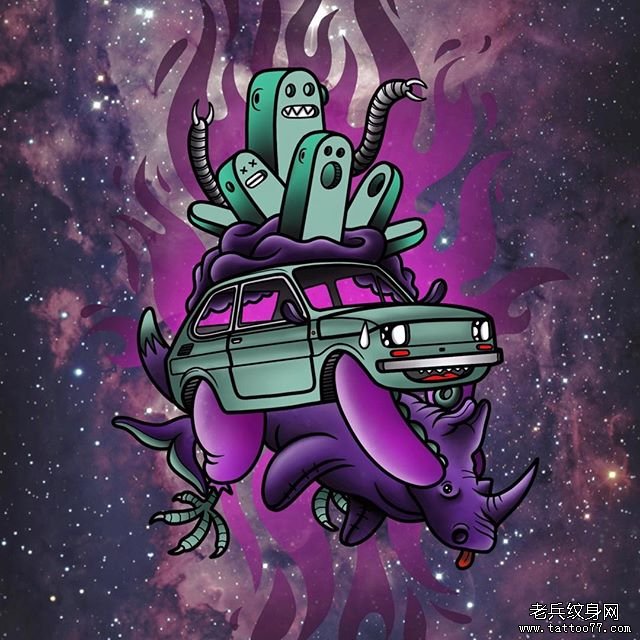 色彩卡通犀牛车文身