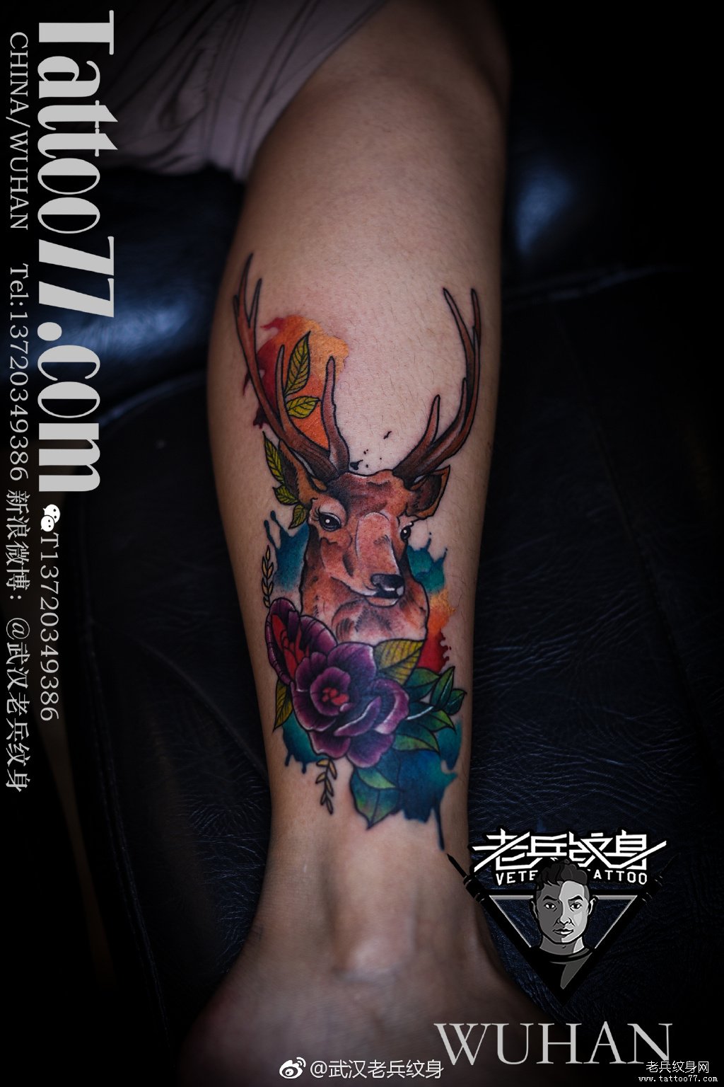 小腿水彩鹿头纹身图案