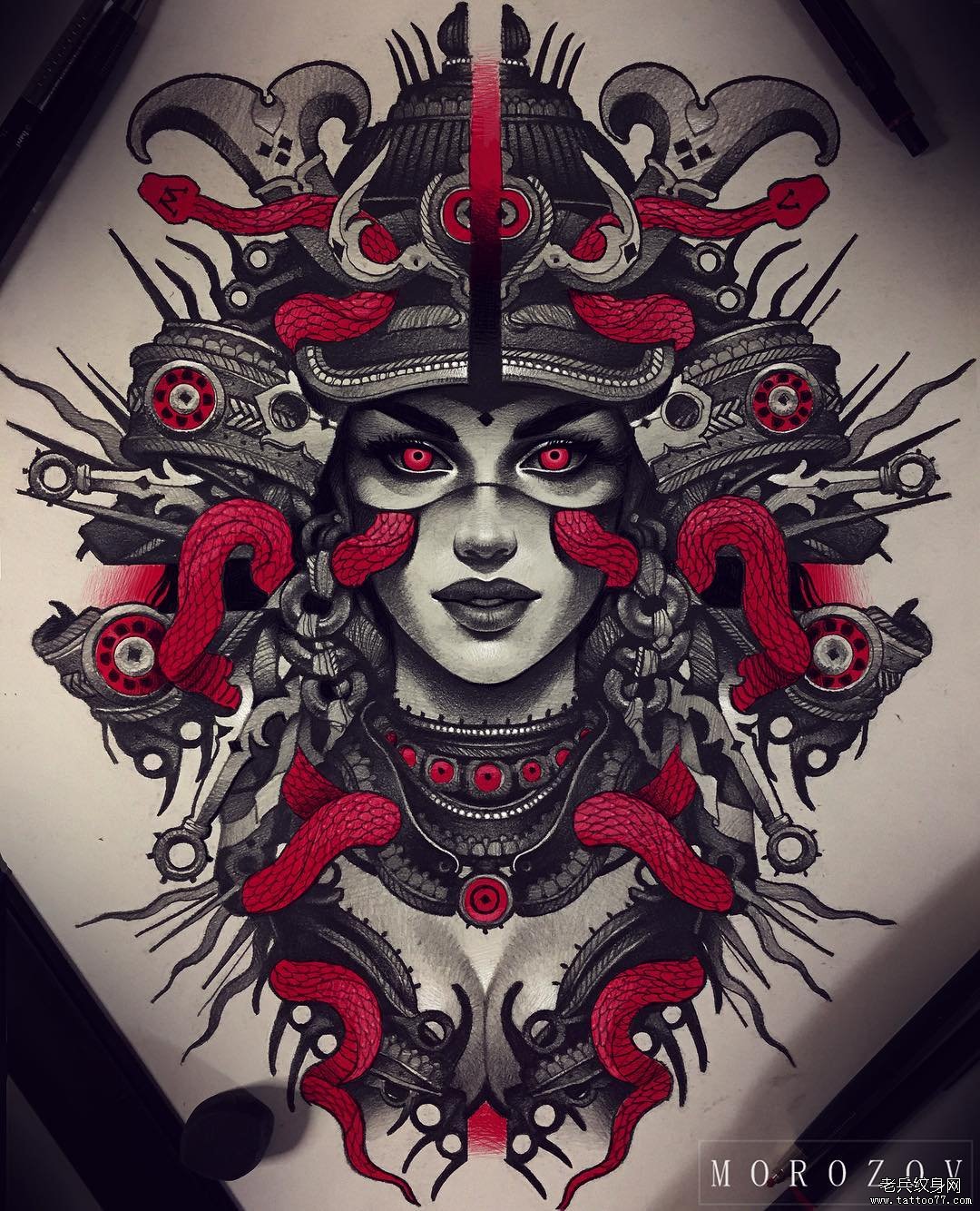 武士女郎纹身手稿图案