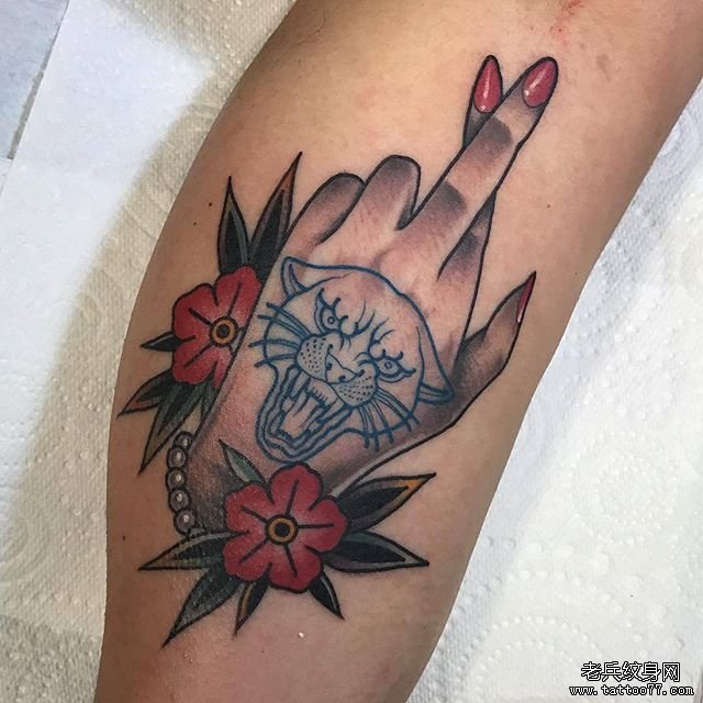 小腿school手纹身图案