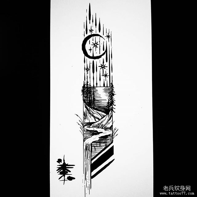 黑灰山水纹身手稿