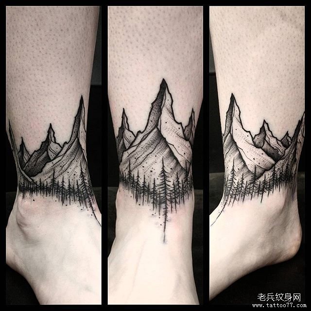 脚踝山峰树林纹身
