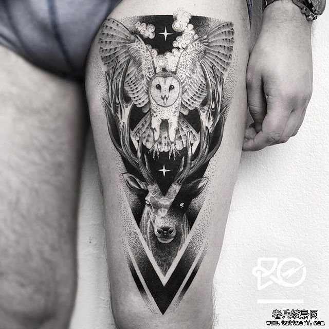 大腿个性点刺鹿头猫头鹰纹身图案