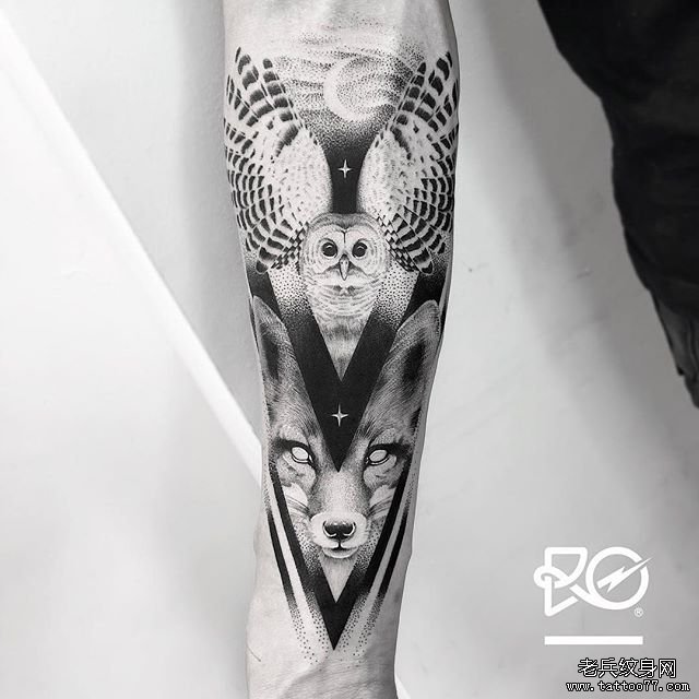 小臂猫头鹰狐狸纹身图案