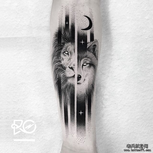 小臂狮子狼头纹身图案