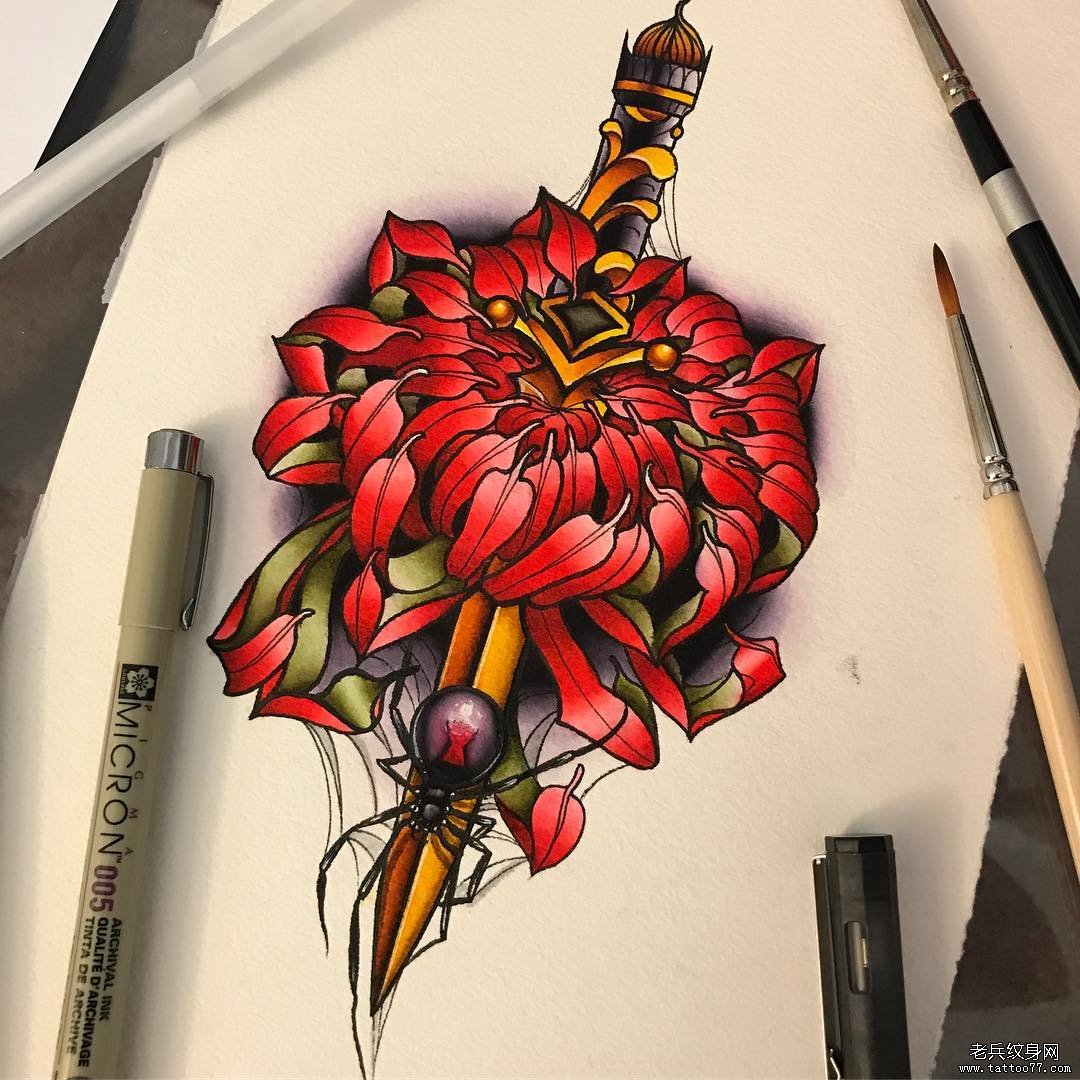 彩色蜘蛛匕首纹身手稿
